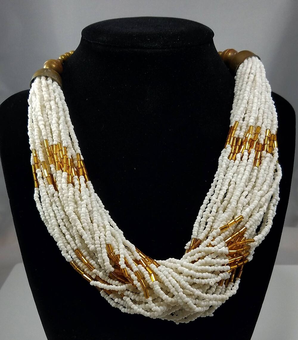 1980s White Gold Seed Bead Brass Necklace 35 Strand Vintage Choker